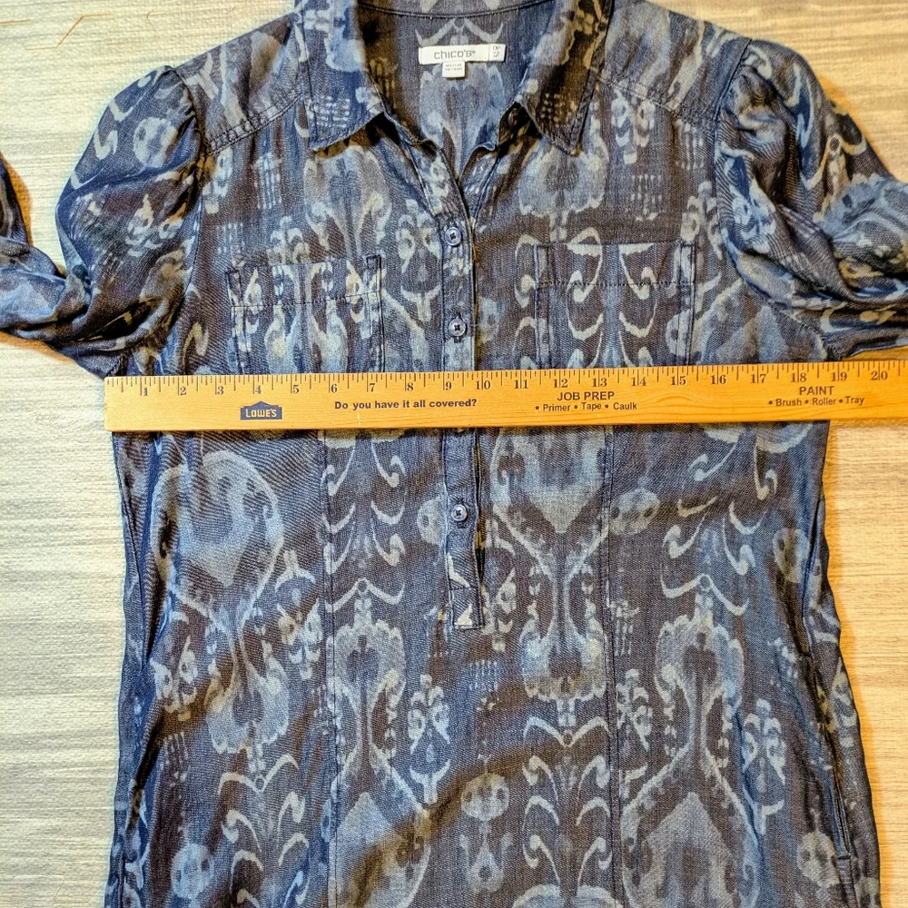 Chico’s Women’s‎ Blue Teaneck Ikat Print Maxi Shirt Dress, Comfy, Casual Sz 4P